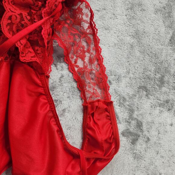 Vintage 80s Teddy Womens L Red Satin Ribbon Lace Ruffled Teddy Bodysuit Garters - Picture 4 of 10